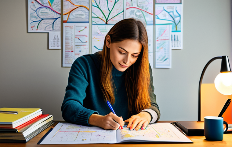 **

"A professional woman in a cozy, fully clothed outfit, sitting at a desk covered with colorful Mind Maps in a bright, modern home office, safe for work, appropriate content, perfect anatomy, natural proportions, professional, family-friendly, well-formed hands, proper finger count, natural body proportions, warm lighting."

**
