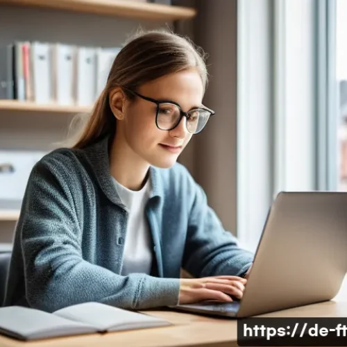 Home 26 자아 한계 확장을 위한 지속적인 학습의 중요성 - A modern home office scene showing a young adult German learner studying on a laptop using digital l...