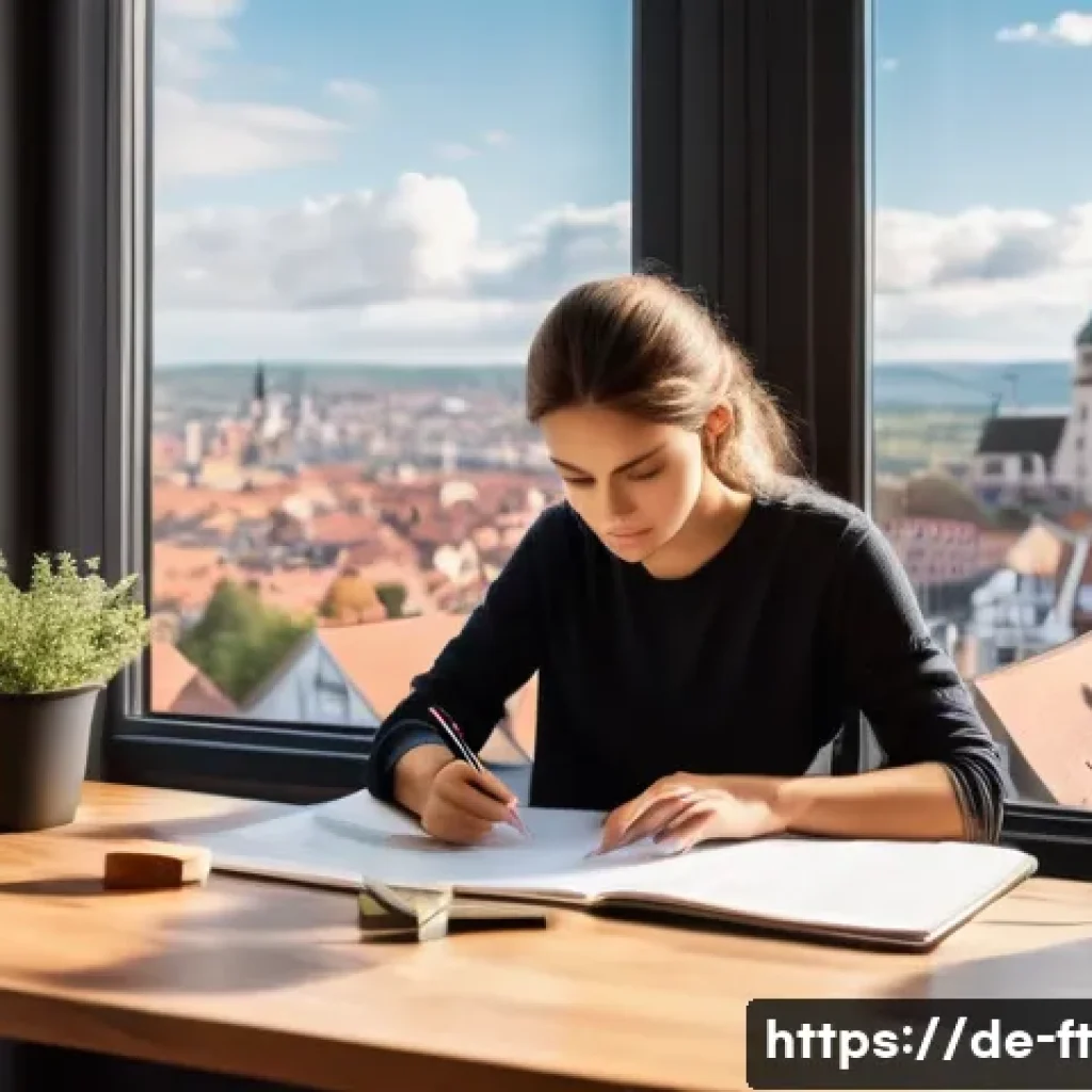 자아 한계 확장을 위한 목표 설정 전략 - A modern, cozy home office scene with a young professional woman sitting at a wooden desk near a lar...
