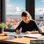 Home 15 자아 한계 확장을 위한 목표 설정 전략 - A modern, cozy home office scene with a young professional woman sitting at a wooden desk near a lar...