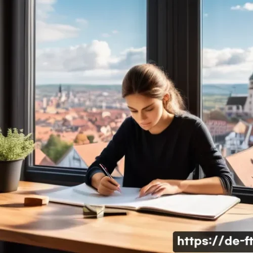 Home 25 자아 한계 확장을 위한 목표 설정 전략 - A modern, cozy home office scene with a young professional woman sitting at a wooden desk near a lar...