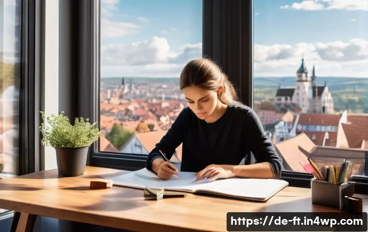 자아 한계 확장을 위한 목표 설정 전략 - A modern, cozy home office scene with a young professional woman sitting at a wooden desk near a lar...