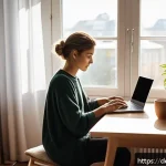 Home 19 자아 한계 확장을 위한 자기 수양의 중요성 - A cozy, sunlit home office scene showing a young adult in casual, neat clothing tidying a wooden des...